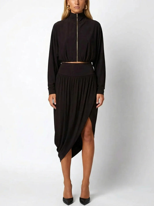 Zipped Front Cropped Jacket & Asymmetrical Skirt Set - Small / Black - Suits & Sets