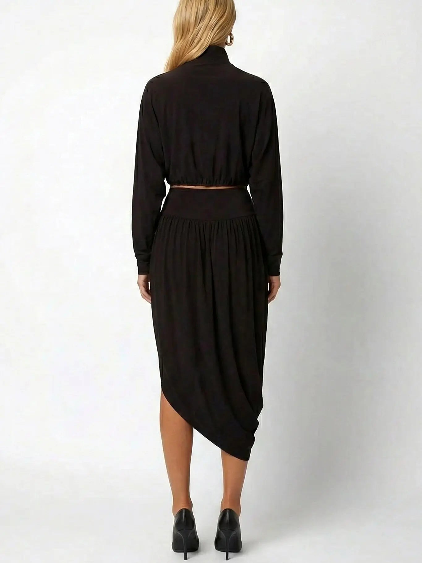 Zipped Front Cropped Jacket & Asymmetrical Skirt Set - Suits & Sets