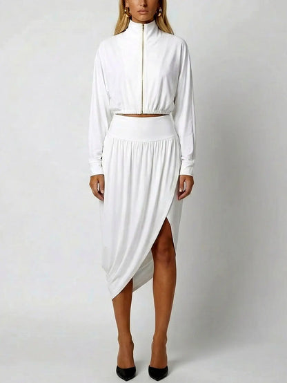 Zipped Front Cropped Jacket & Asymmetrical Skirt Set - Small / White - Suits & Sets