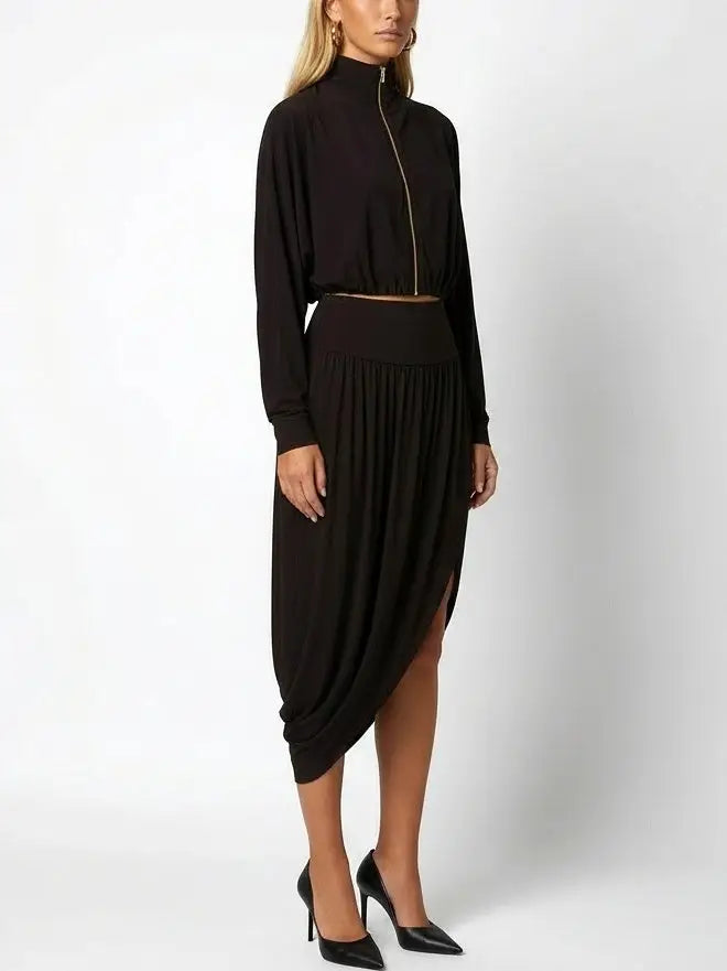 Zipped Front Cropped Jacket & Asymmetrical Skirt Set - Suits & Sets