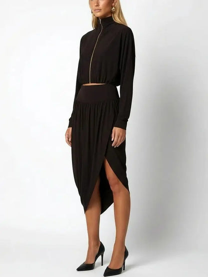 Zipped Front Cropped Jacket & Asymmetrical Skirt Set - Suits & Sets