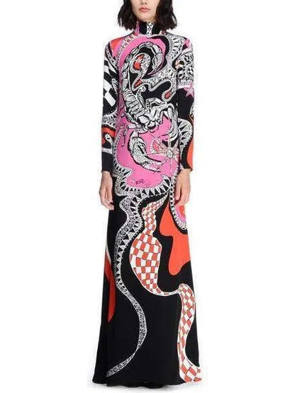 Zodiac Printed Long Jersey Silk High-Neck Dress-Multi Color - Branna Couture