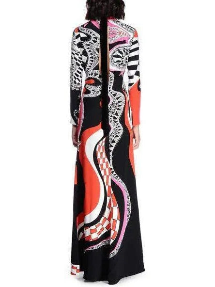 Zodiac Printed Long Jersey Silk High-Neck Dress-Multi Color - Branna Couture