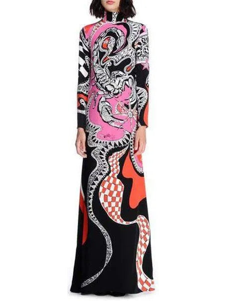 Zodiac Printed Long Jersey Silk High-Neck Dress-Multi Color - Branna Couture