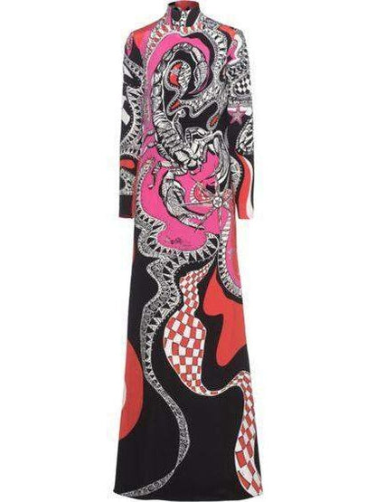 Zodiac Printed Long Jersey Silk High-Neck Dress-Multi Color - Branna Couture