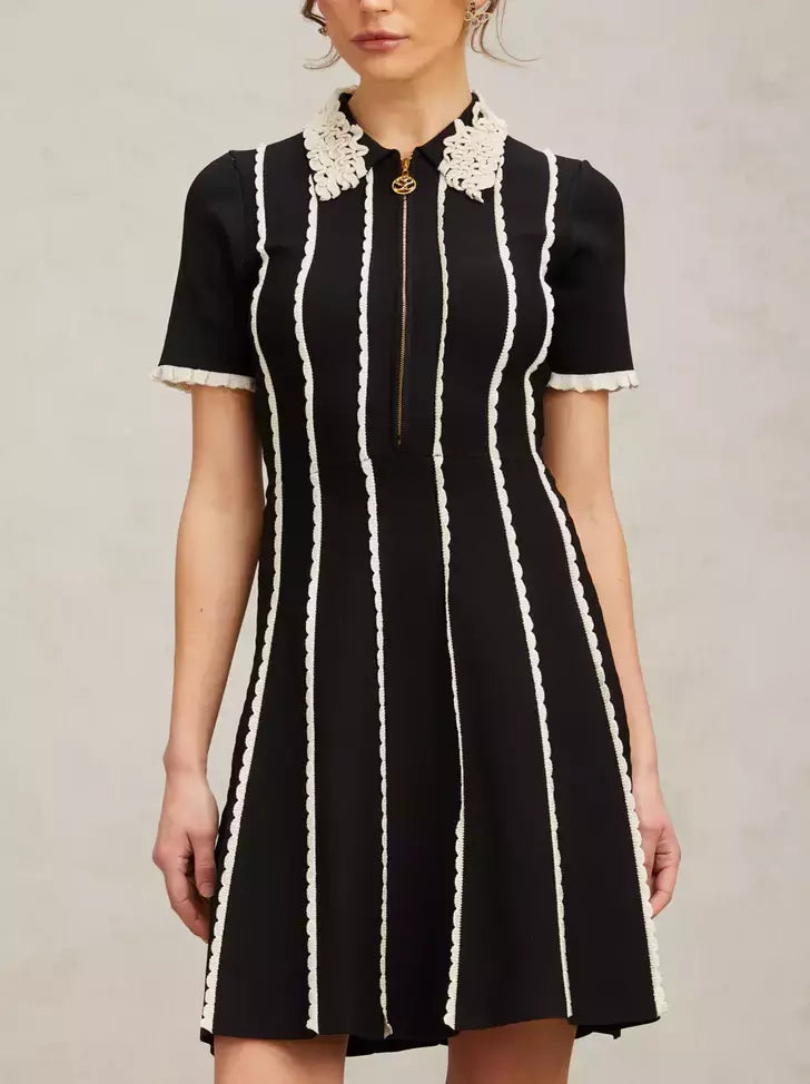 A-Line Bicolor Knit Stripe Zip-Front Dress - Dresses