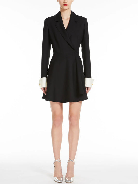 A-Line Black Blazer-Style Mini Dress with White Cuffs - Dresses