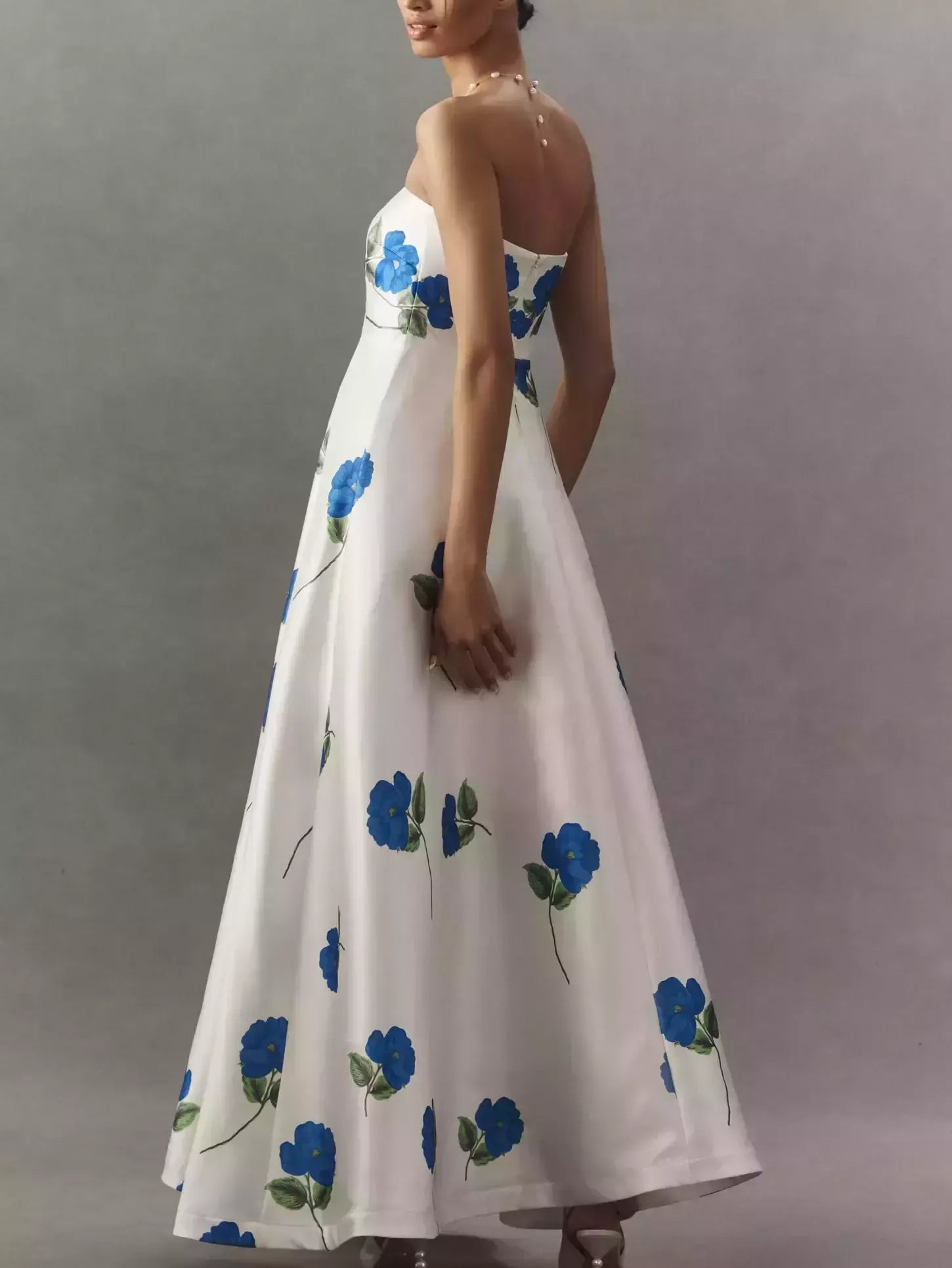 A-Line Blue Floral Print Strapless White Gown - Dresses