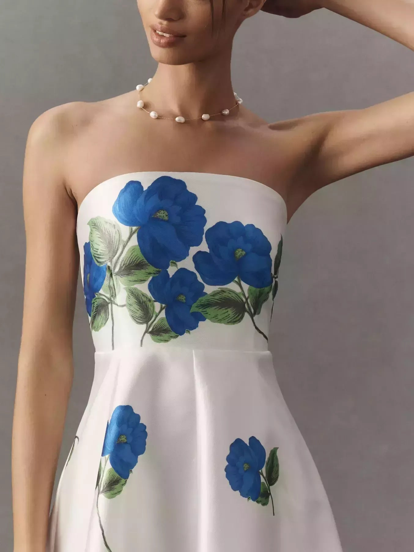 A-Line Blue Floral Print Strapless White Gown - Dresses