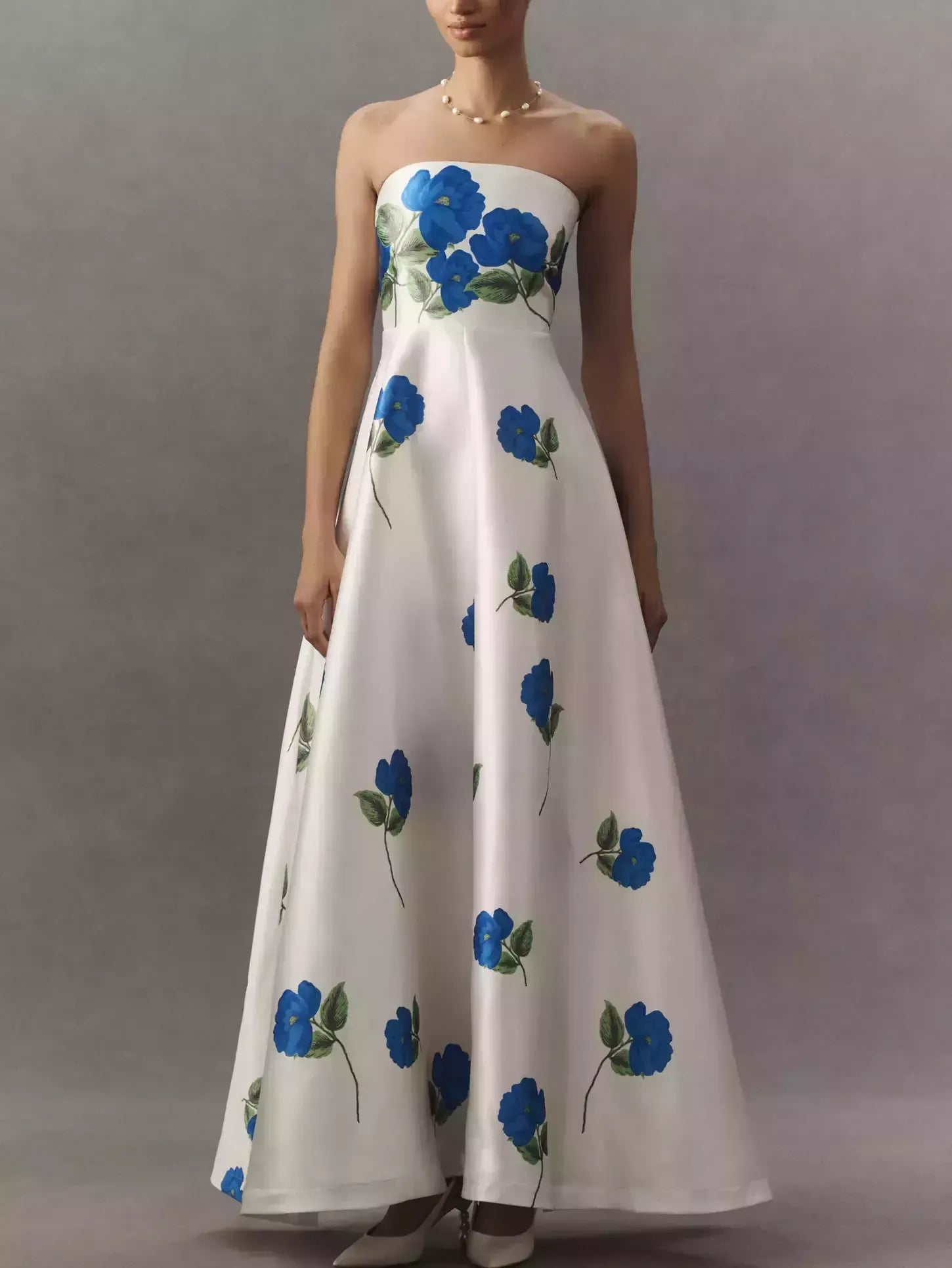 A-Line Blue Floral Print Strapless White Gown - Dresses