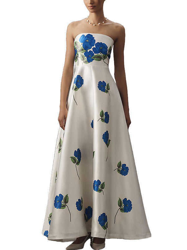 A-Line Blue Floral Print Strapless White Gown - Dresses