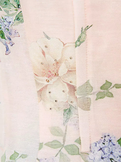 A-Line Corset Flared Dress with Garden Print - Dresses