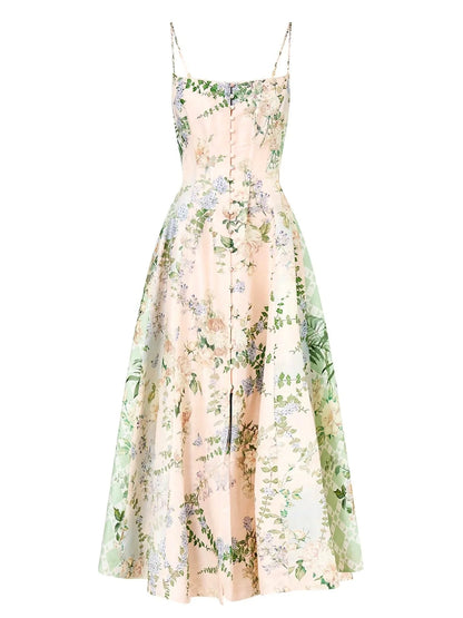 A-Line Corset Flared Dress with Garden Print - Dresses