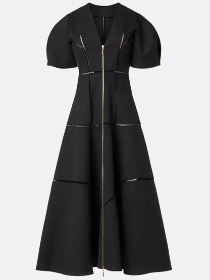 Black A-Line Cut-Out Front-Zip V-Neck Dress featuring a stylish zipper detail