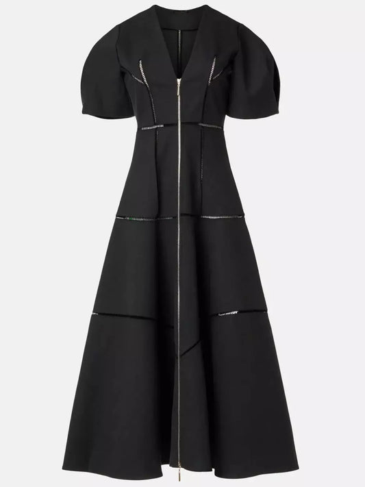 Black A-Line Cut-Out Front-Zip V-Neck Dress featuring a stylish zipper detail