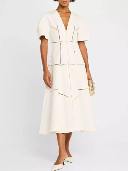 Cream-colored A-Line Cut-Out Front-Zip V-Neck Dress with puff sleeves