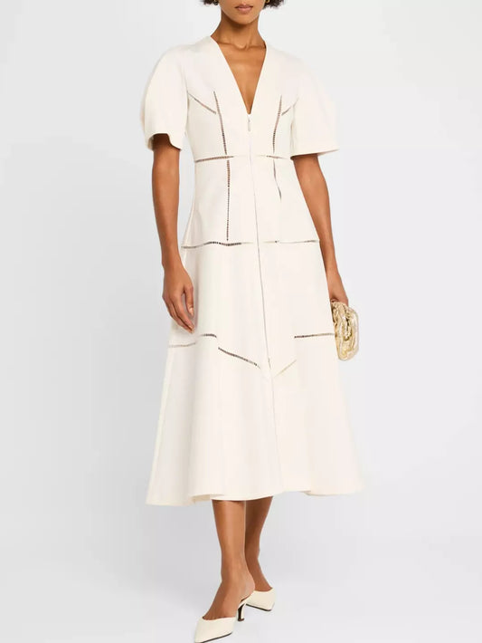 Cream-colored A-Line Cut-Out Front-Zip V-Neck Dress with puff sleeves