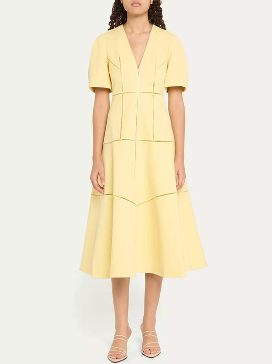 Yellow A-Line Cut-Out Front-Zip V-Neck Dress with short puff sleeves
