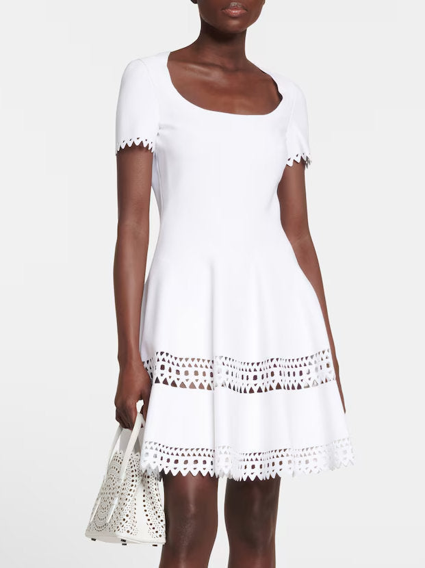 A-Line Cut-Out Stretch Knit Mini Dress in White with eyelet trim detail