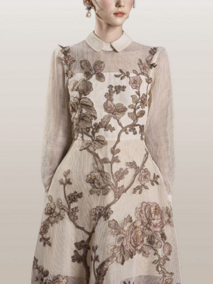 A-Line Embroidered Mesh Midi Dress - Dresses