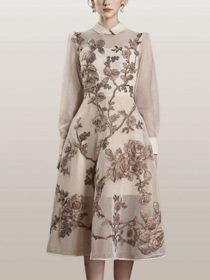 A-Line Embroidered Mesh Midi Dress - S - Dresses