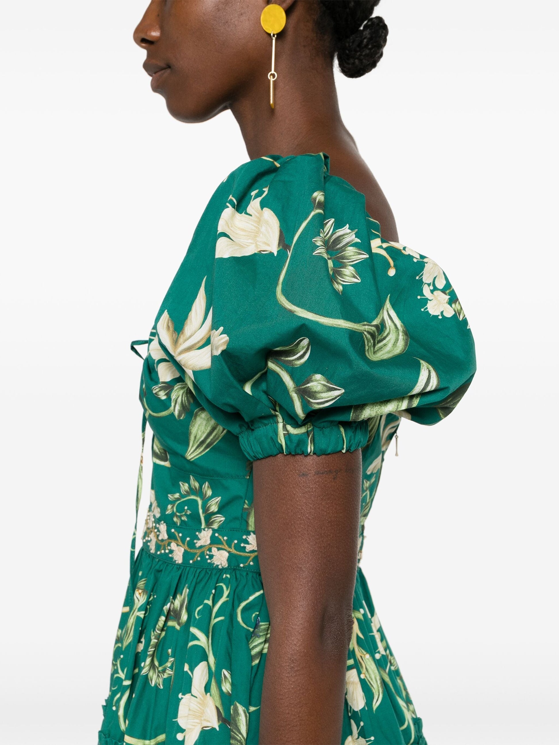 A-Line Embroidered Puff-Sleeve Mini Dress in Green with floral design and puff sleeves