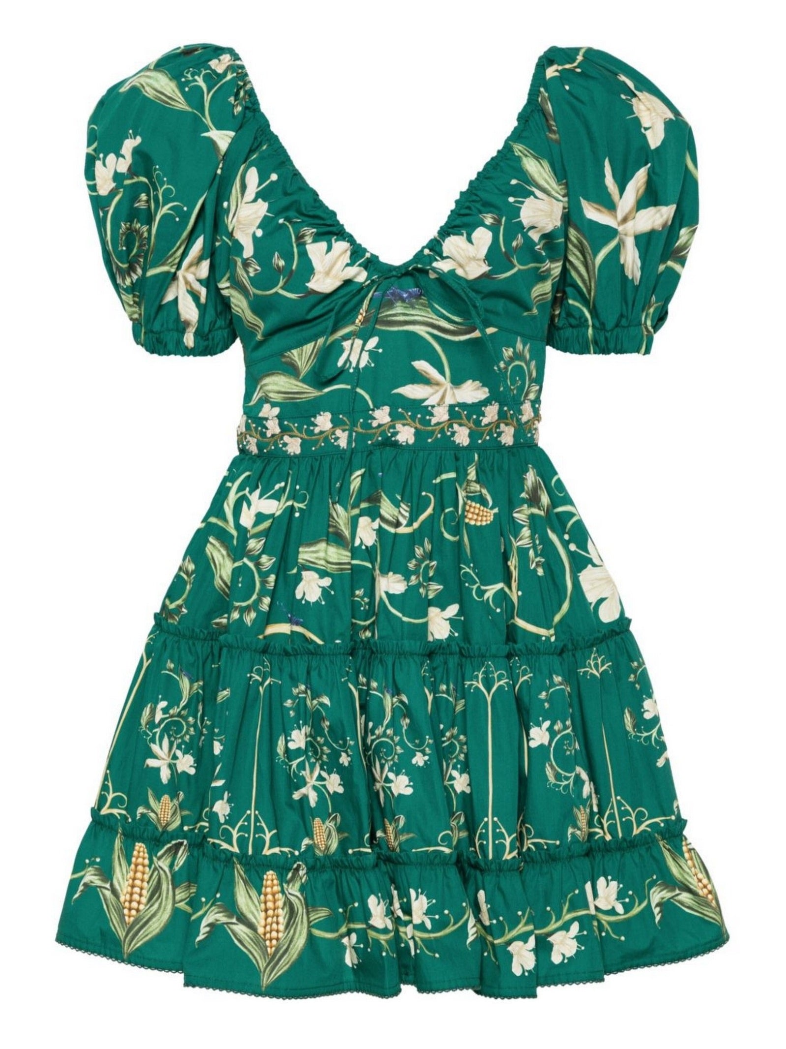 Green A-Line Embroidered Puff-Sleeve Mini Dress with floral design and puff sleeves