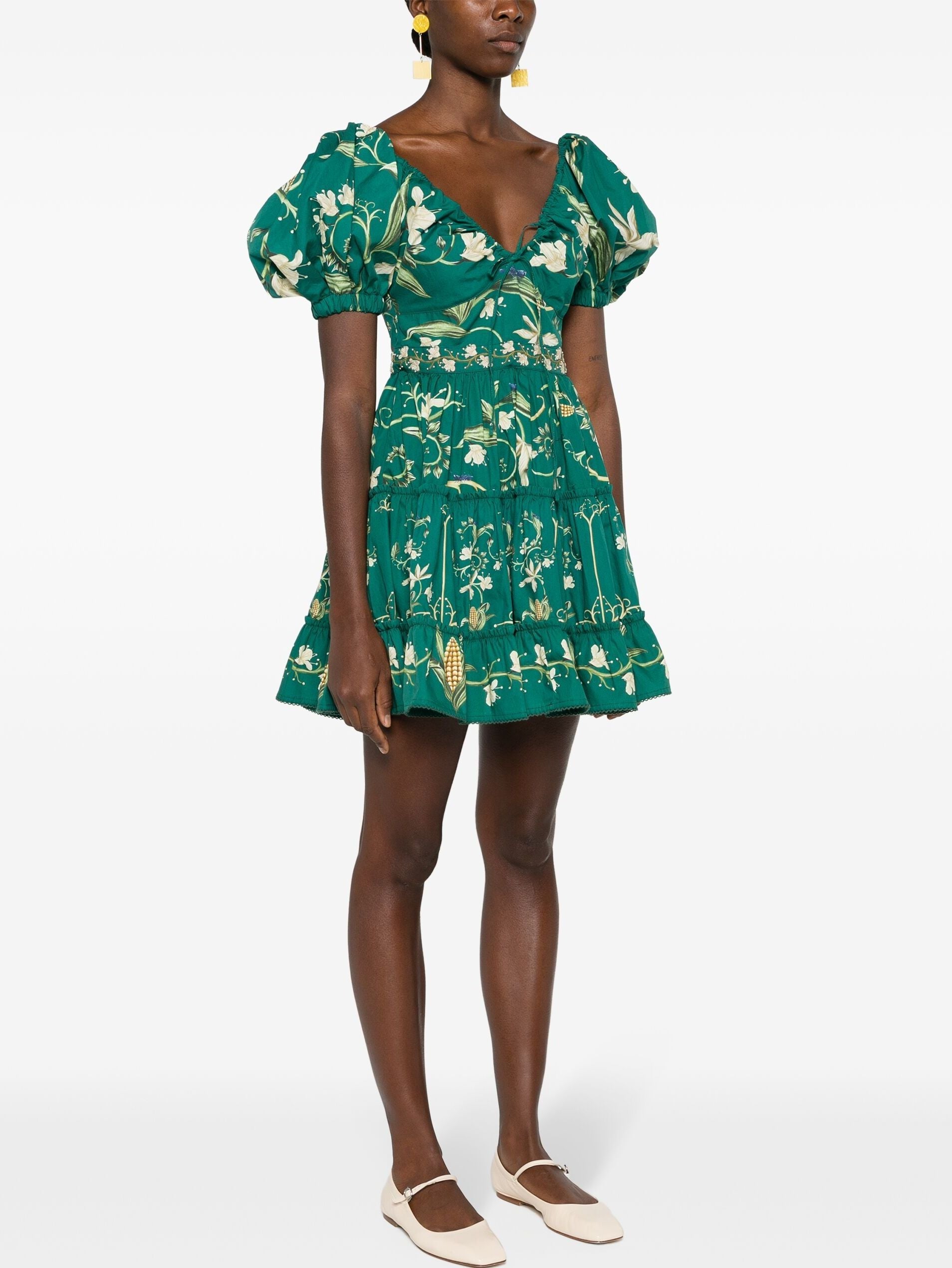 Green A-Line Embroidered Puff-Sleeve Mini Dress with floral design and puff sleeves