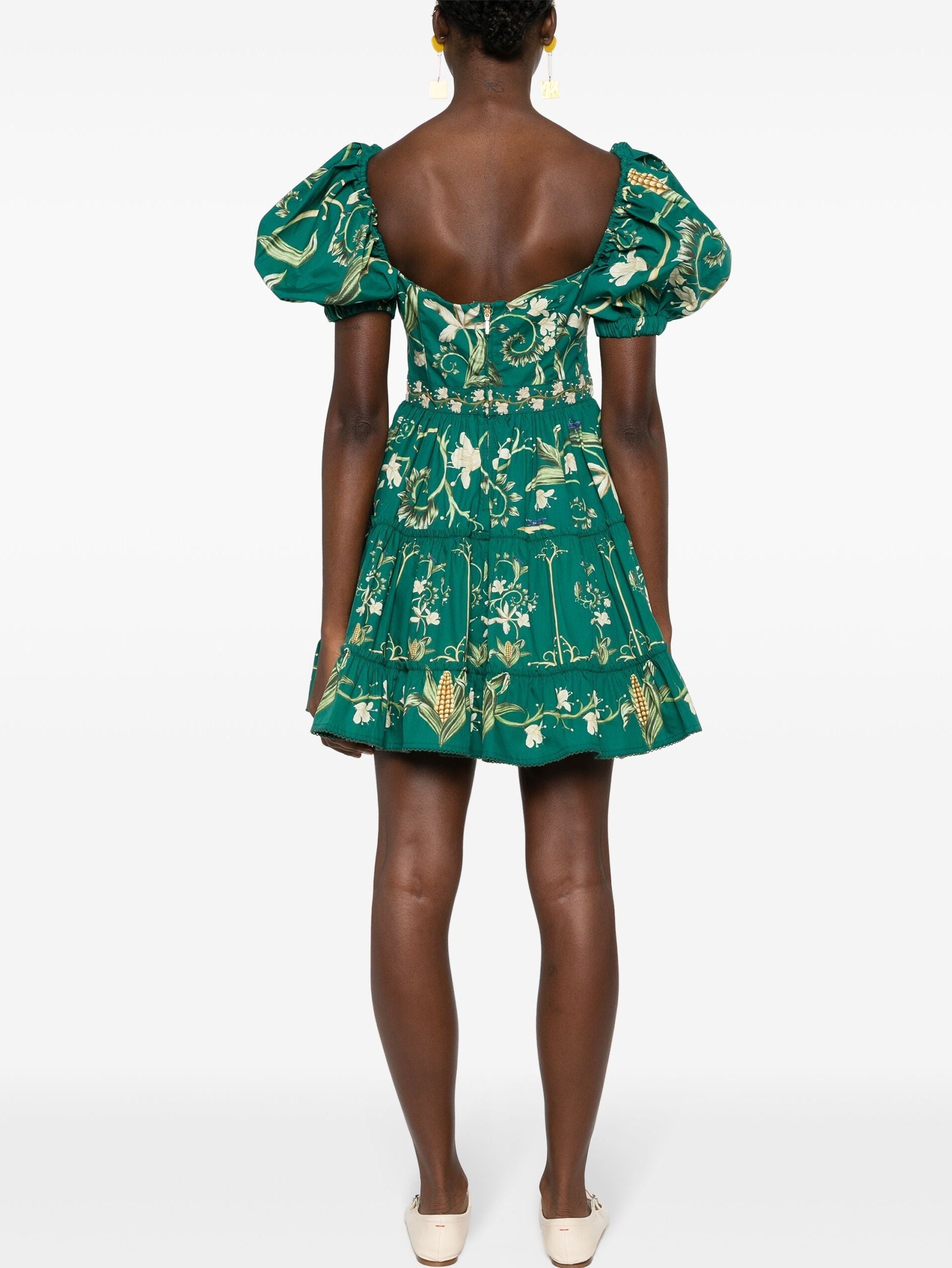 Green floral-patterned A-Line Embroidered Puff-Sleeve Mini Dress for stylish looks