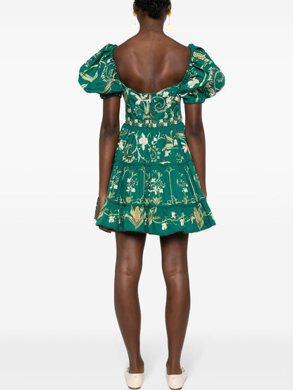 Green floral-patterned A-Line Embroidered Puff-Sleeve Mini Dress for stylish looks