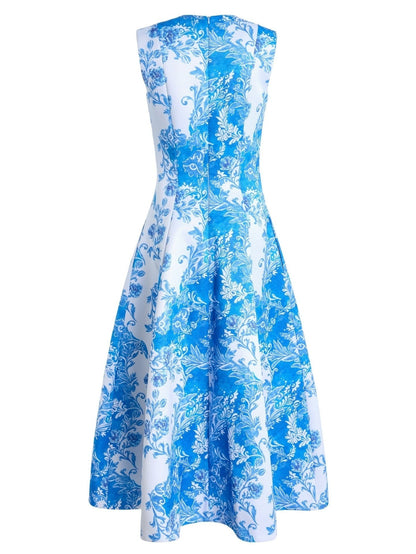 A-line Floral-Print Midi Dress in Blue and White - Dresses