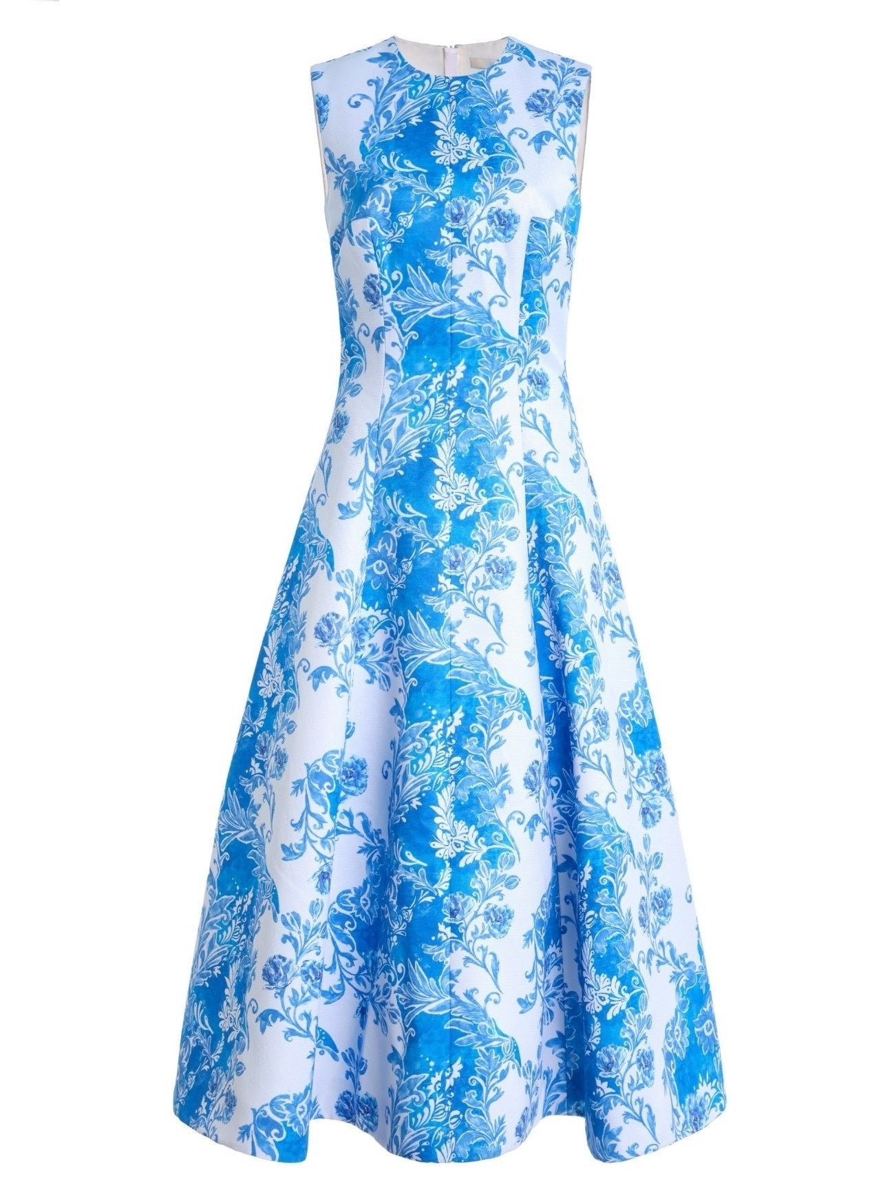 A-line Floral-Print Midi Dress in Blue and White - Dresses