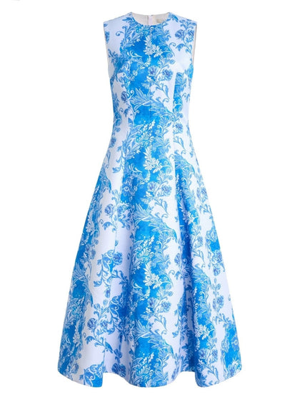 A-line Floral-Print Midi Dress in Blue and White - Dresses