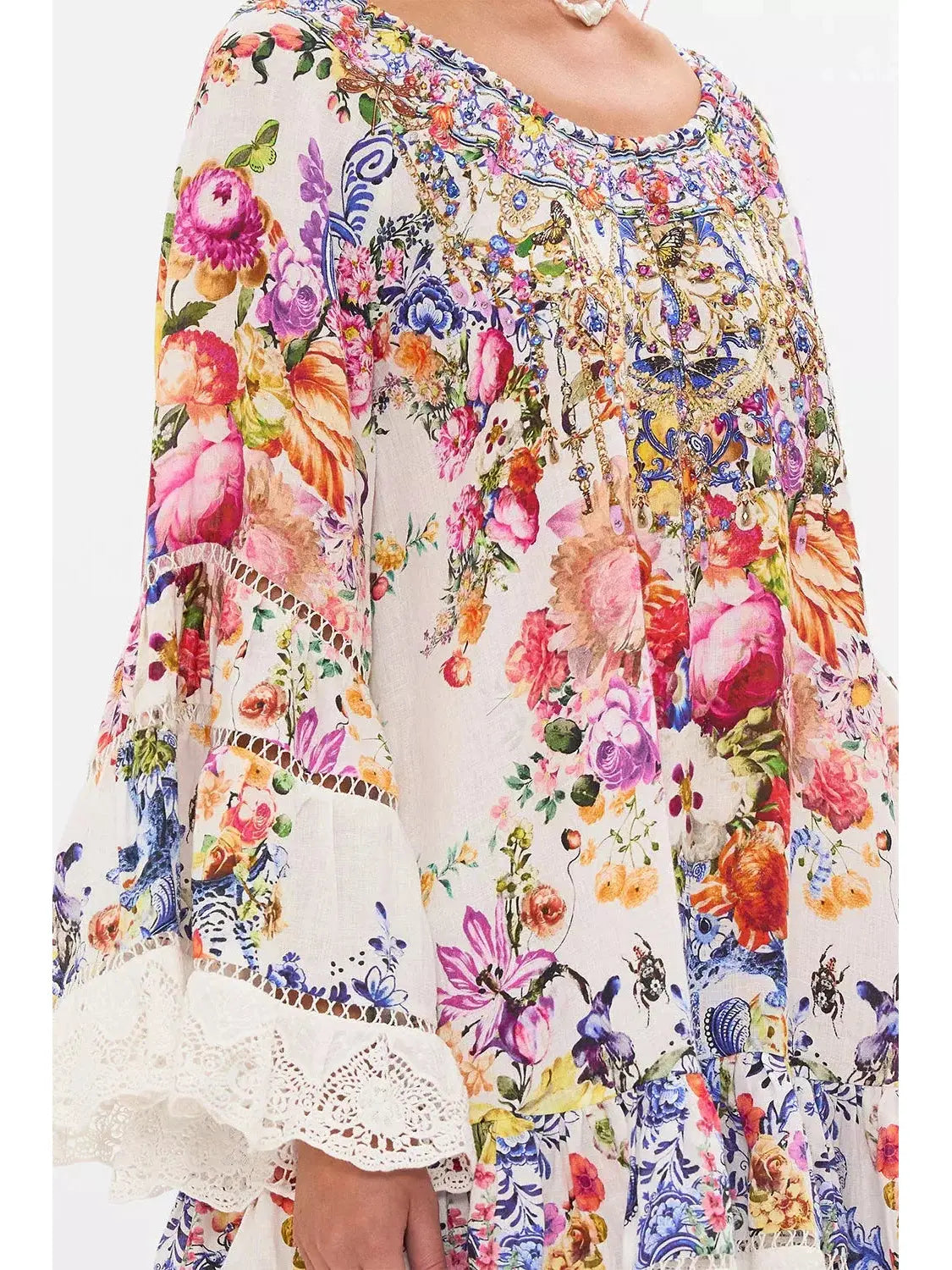 A Line Frill Dress with Floral Print - Dresses