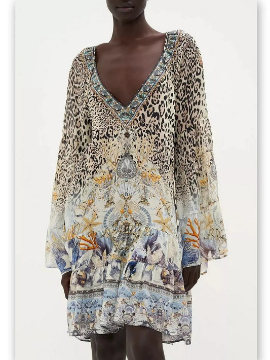 A-Line Gathered Panel Leopard and Mixed Print Silk Dress - Dresses