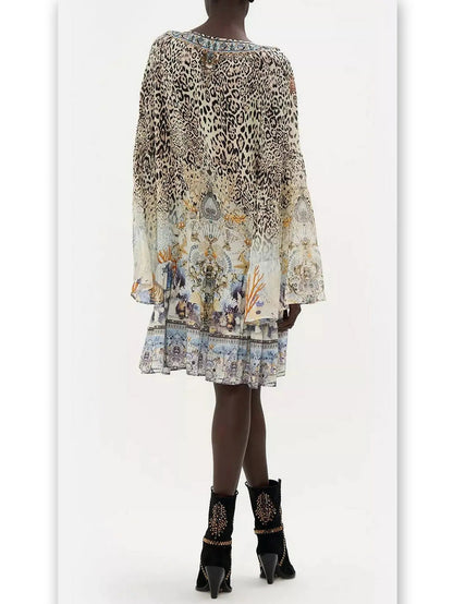 A-Line Gathered Panel Leopard and Mixed Print Silk Dress - Dresses