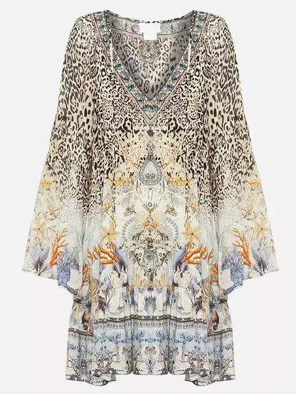 A-Line Gathered Panel Leopard and Mixed Print Silk Dress - Dresses