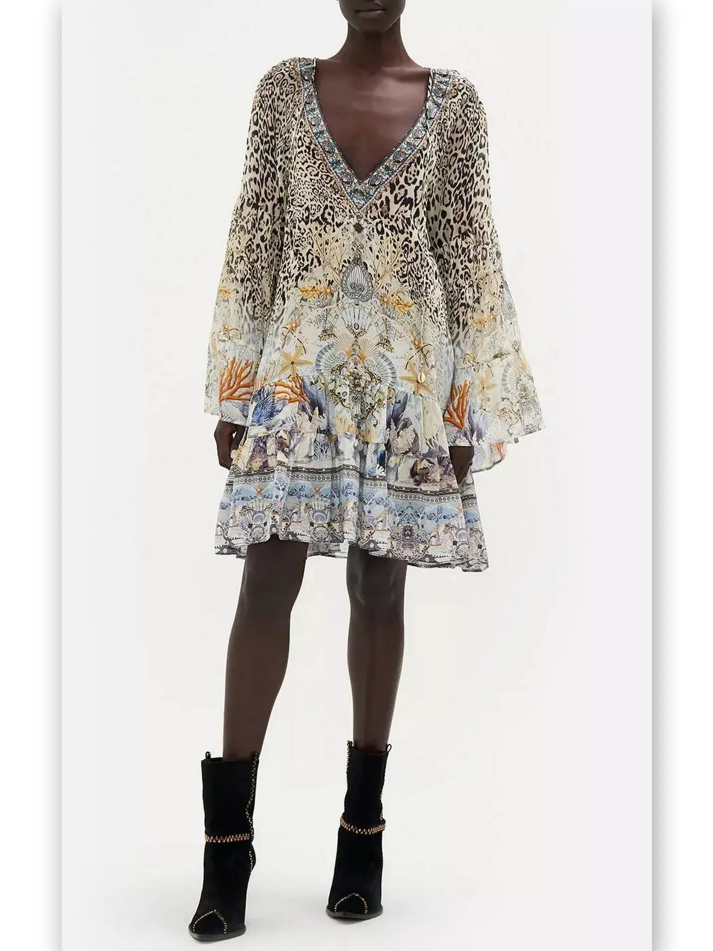 A-Line Gathered Panel Leopard and Mixed Print Silk Dress - Dresses