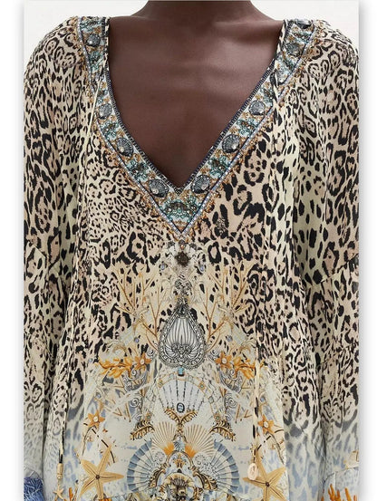 A-Line Gathered Panel Leopard and Mixed Print Silk Dress - Dresses