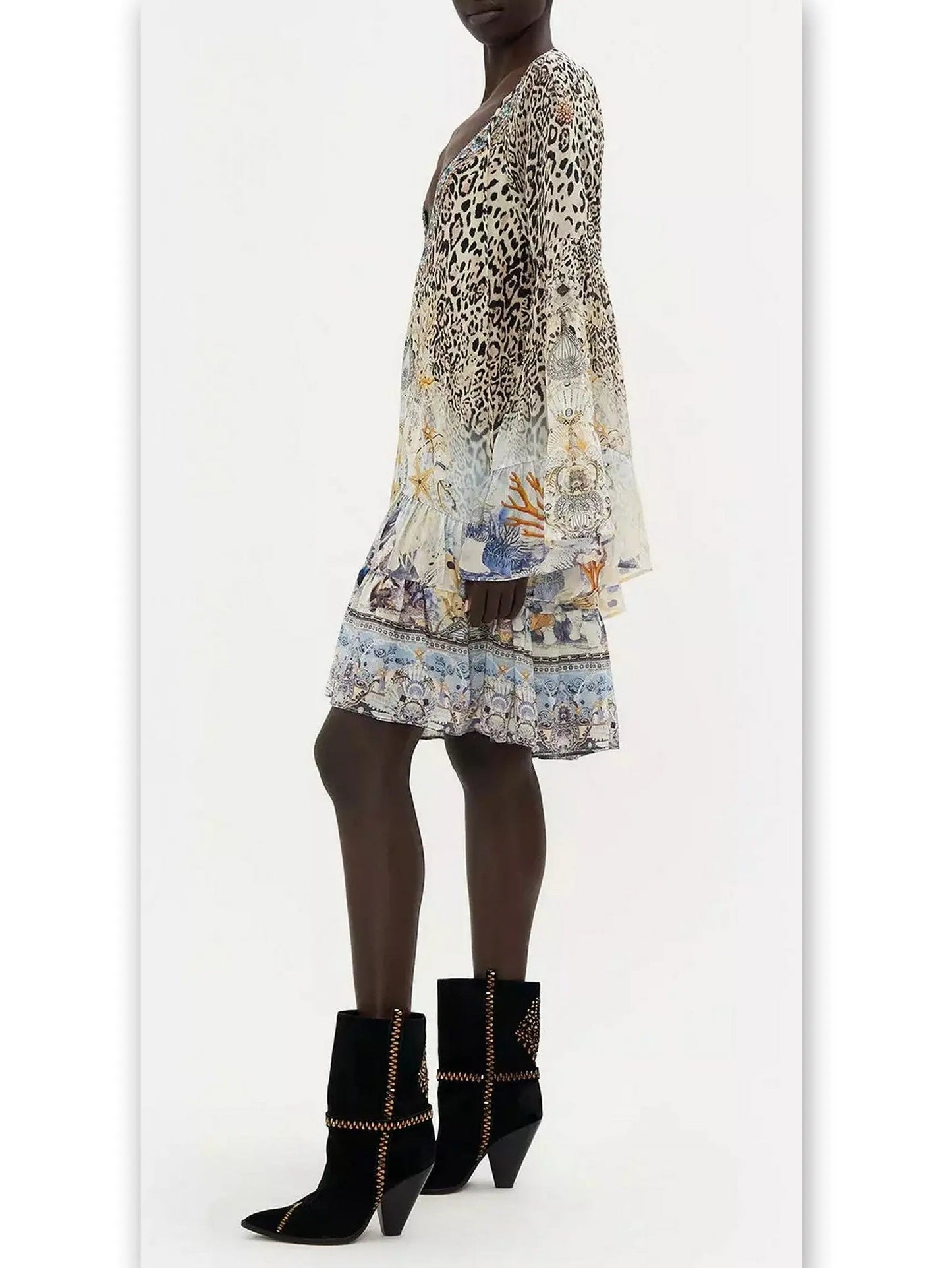 A-Line Gathered Panel Leopard and Mixed Print Silk Dress - Dresses