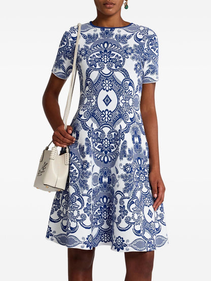 White and blue patterned A-Line Jacquard Knit Vintage-Inspired Dress for stylish outfits