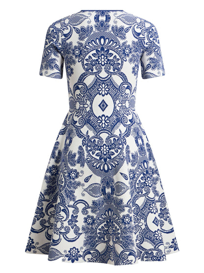 White and blue patterned A-Line Jacquard Knit Vintage-Inspired Dress for stylish occasions