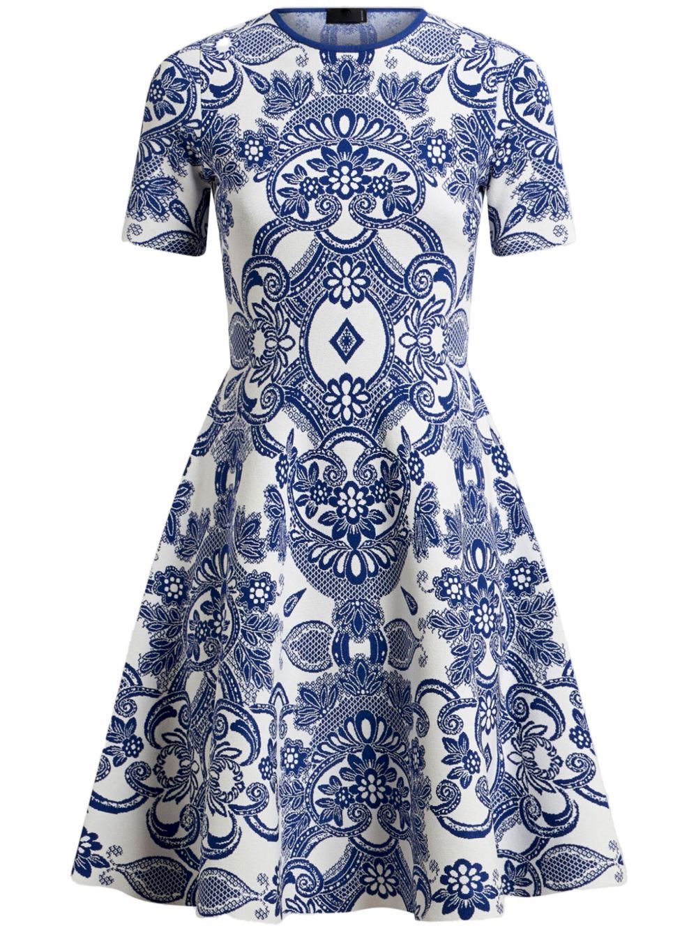 White A-Line Jacquard Knit Vintage-Inspired Dress with blue floral pattern