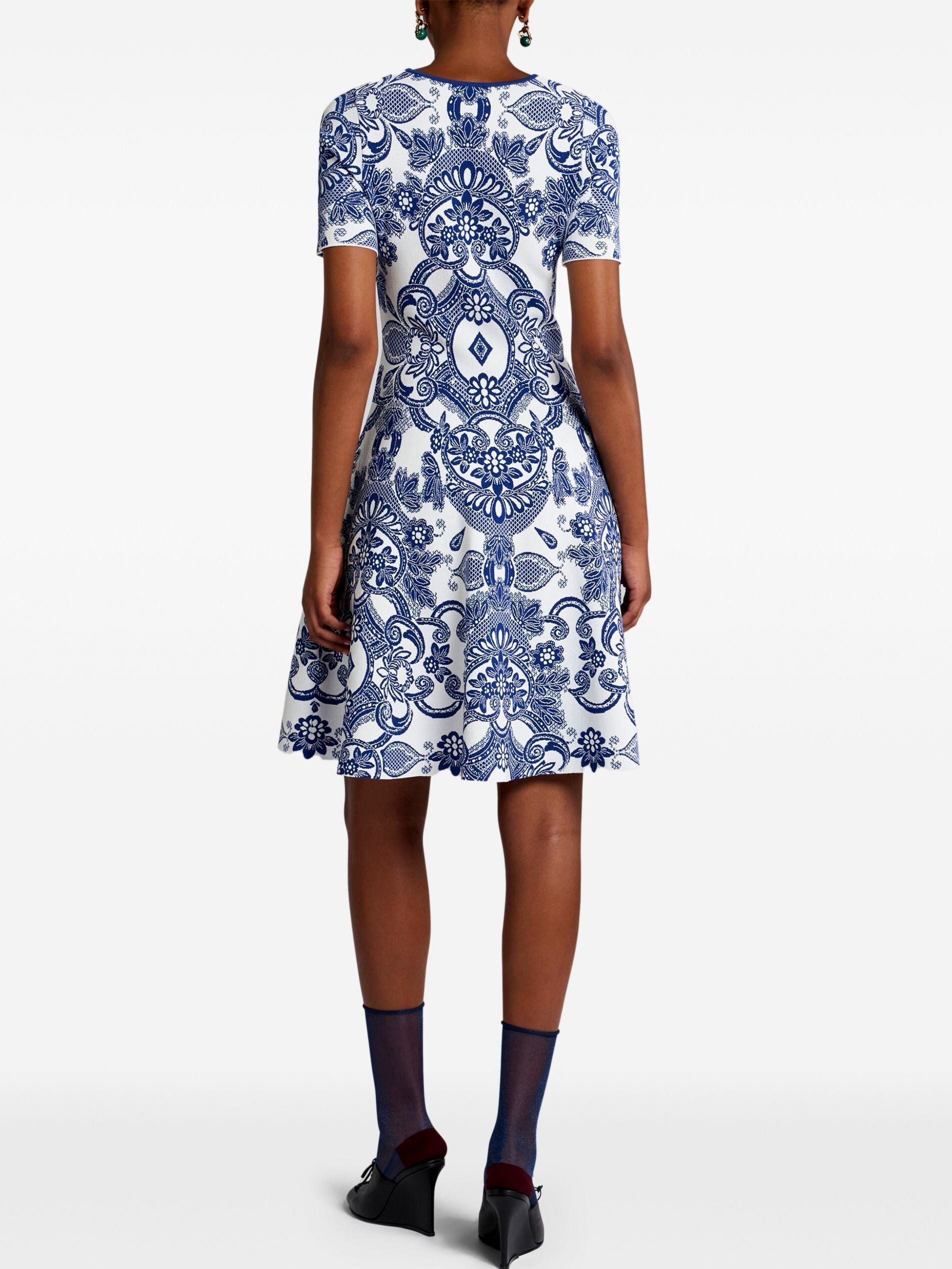 White and blue patterned A-Line Jacquard Knit Vintage-Inspired Dress for stylish elegance