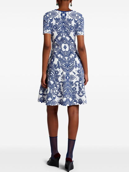 White and blue patterned A-Line Jacquard Knit Vintage-Inspired Dress for stylish elegance