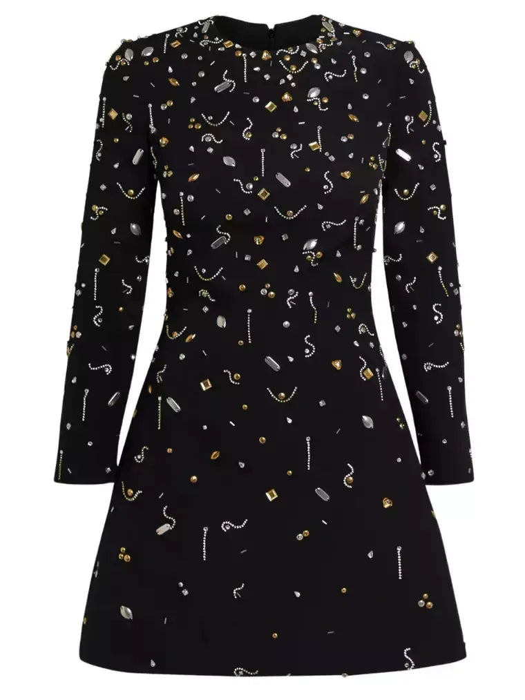 A-Line Jewel-Embroidered Mini Dress in Black - Black - Dresses