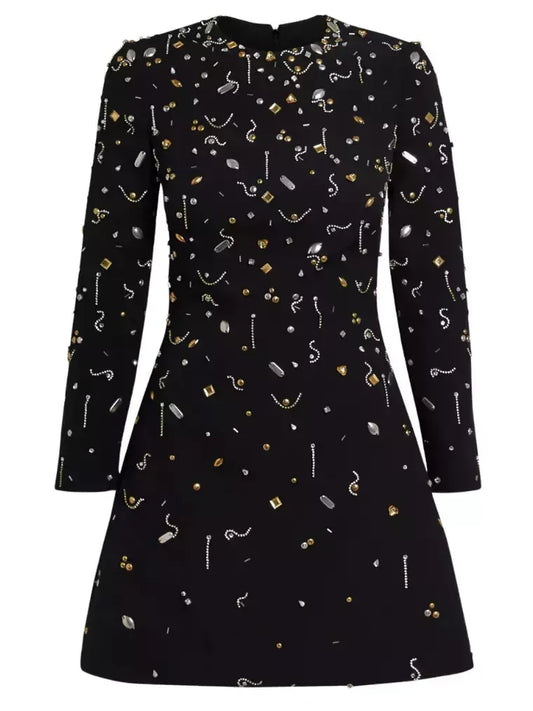 A-Line Jewel-Embroidered Mini Dress in Black - Black - Dresses
