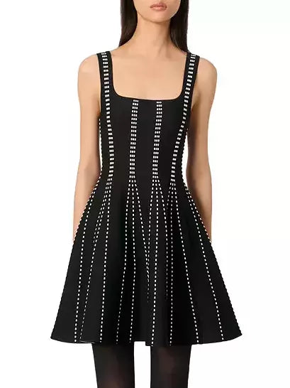 Black A-Line Knit Dot-Striped Pattern Mini Dress with white accents