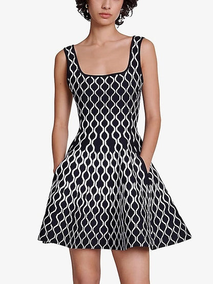 Black and white A-Line Knit Geometric Print Mini Dress with stylish geometric pattern