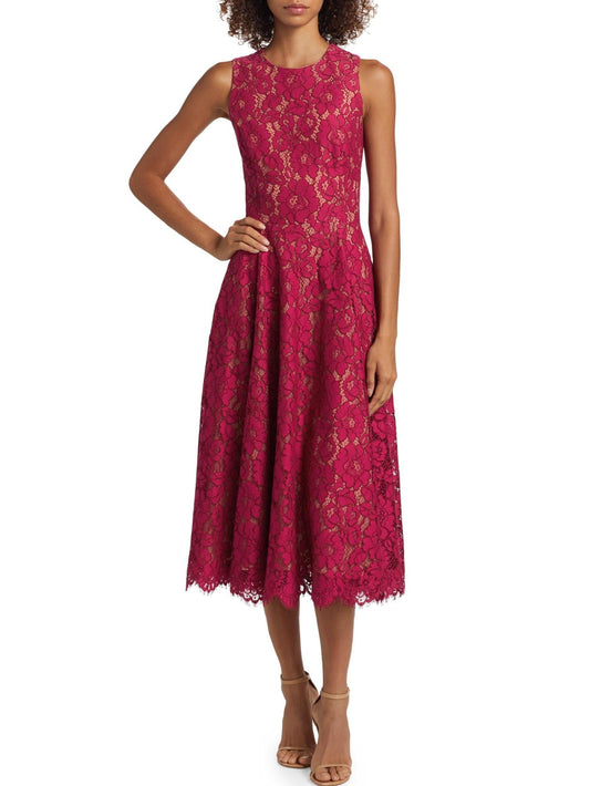A-Line Sleeveless Floral Lace Midi Dress in Red, showcasing a elegant sleeveless floral lace design